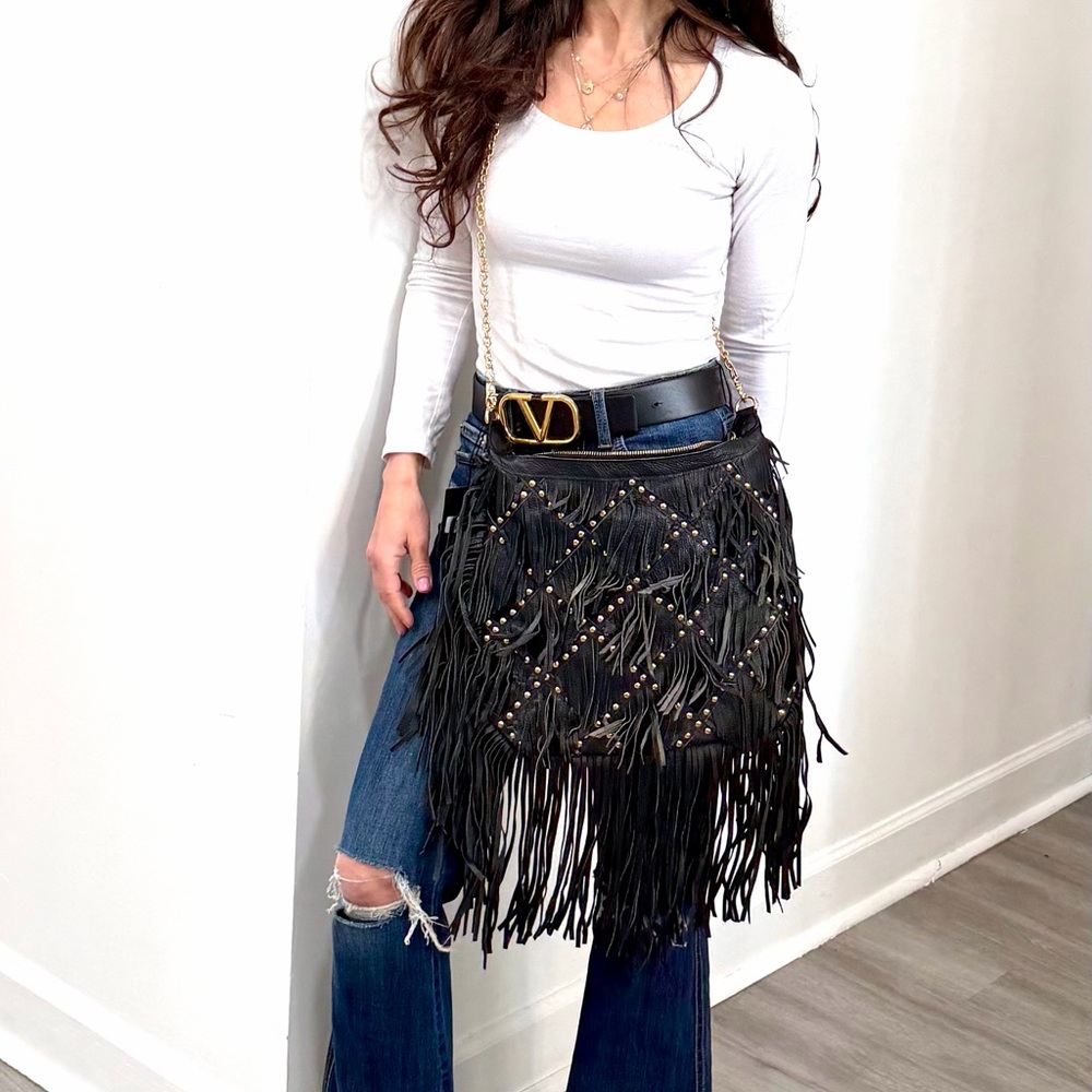 Black Leather Fringe Studded Women's Bag